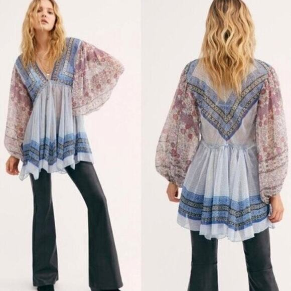 Free People Bohemian Aliyah Printed Long Sleeve Sheer Tunic Top (S) - Picture 1 of 16